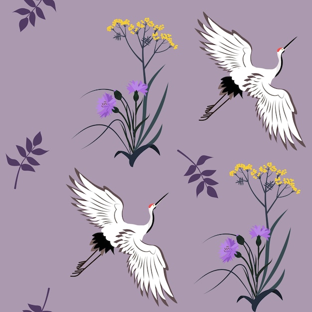 Seamless vector illustration with cornflowers wild grasses and Japanese cranes