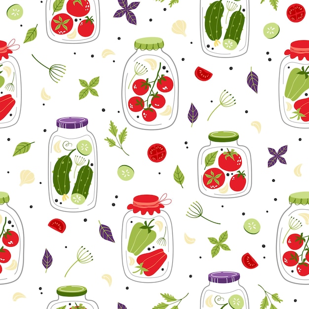 seamless vector pattern with canned tomatoes cucumbers and peppers