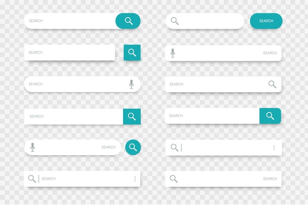Search bar Input lines with find buttons magnifier and microphone icons Browser interface web site or mobile application elements on transparent background Vector template set