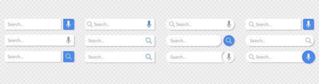 Search bar vector element with diferent design, set of search boxes ui template on transparent background. Vector illustration.