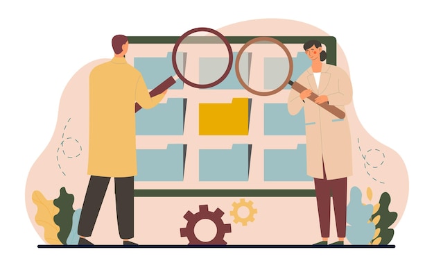 search document or file man and woman with magnifying glasses looking for information in computer