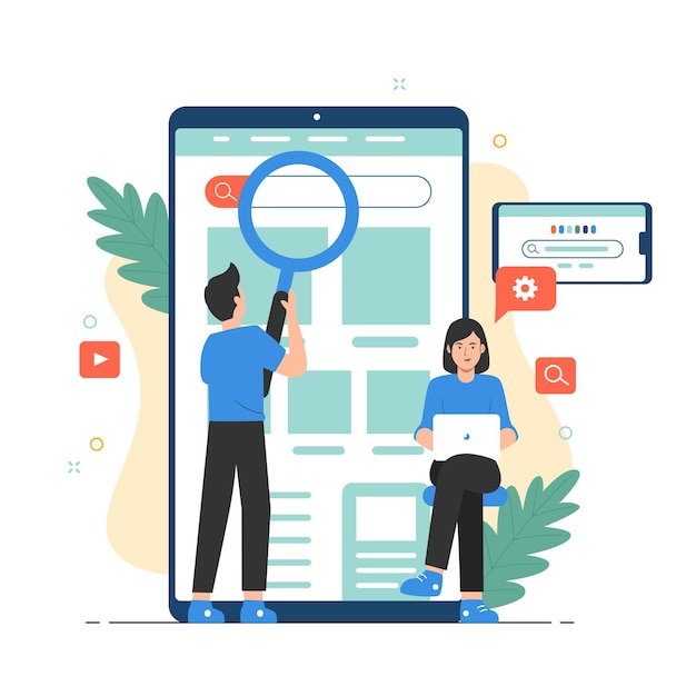 Search engine concept with people holding magnifying glass over mobile browser app
