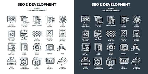 Search engine optimization SEO and development Internet technology online services data protection Information security data sharing backup Thin line web icons set Vector illustration