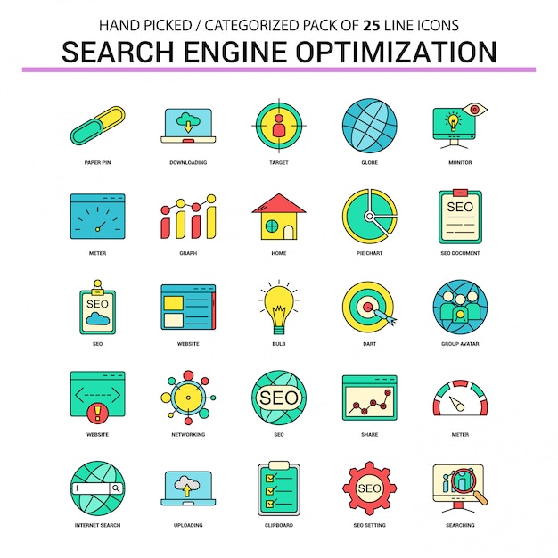 search engine optimization seo flat line icon set