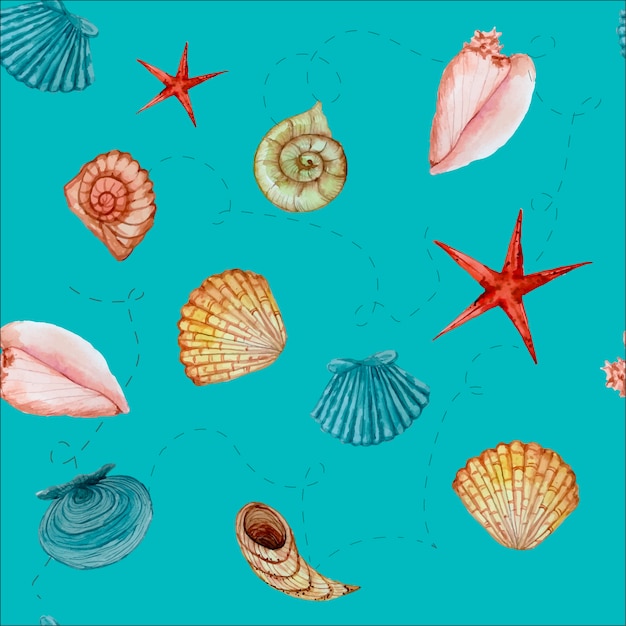 Seashells watercolor hand drawn seamless pattern 