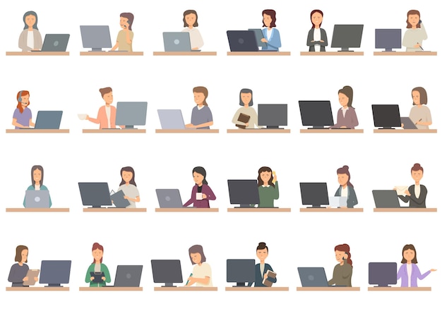 Secretary icons set cartoon vector Work job Lady office