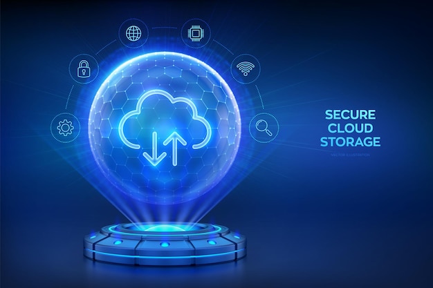 Secure Cloud Storage Cloud computing Database Data center protection Holographic platform with glowing rays projecting Cloud icon inside sphere shield with hexagon pattern Vector illustration