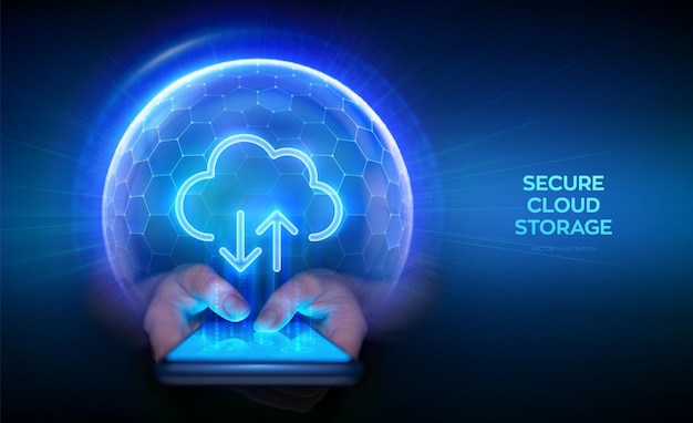 secure cloud storage secure data exchange via smartphone cloud computing technology concept cloud icon inside transparent protection sphere shield with hexagon pattern data protection vector