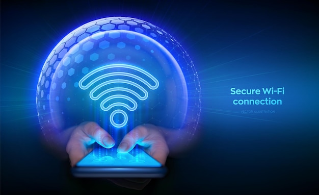 Secure WiFi network connection on smartphone WiFi network icon inside transparent protection sphere shield with hexagon pattern Wifi wireless internet access Cyber Security Vector illustration