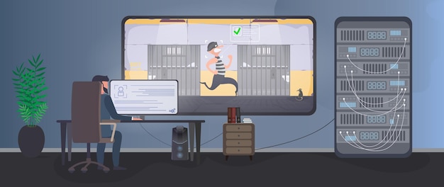 security room. the guard recorded an escape in prison. the offender runs from the prison cell.