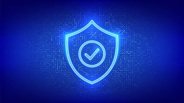 security shield cyber security protection shield with check mark icon cyber data protection information privacy idea circuit board pattern pcb printed circuit texture vector illustration