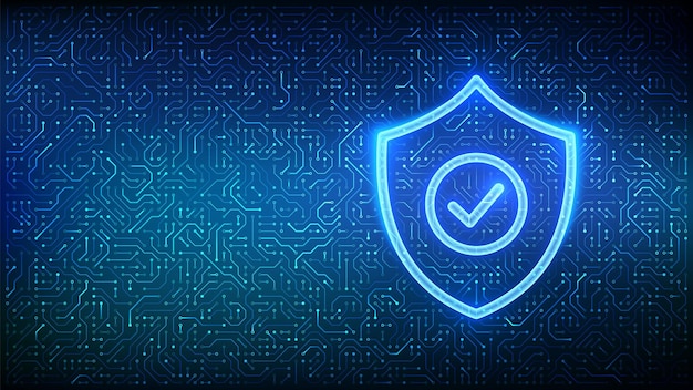 security shield cyber security protection shield with check mark icon cyber data protection information privacy idea circuit board pattern pcb printed circuit texture vector illustration