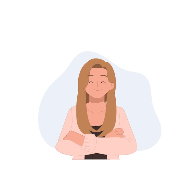 Self love concept woman hugging herself Happy confident woman Flat vector cartoon character illustration
