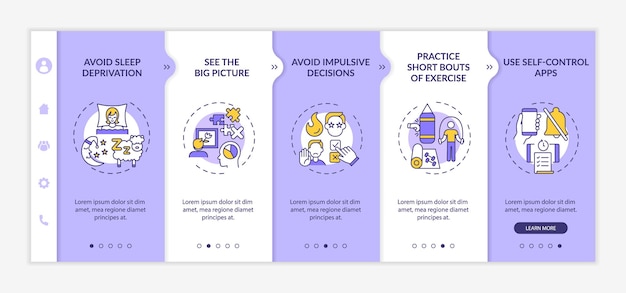 self regulation boosting tips onboarding vector template. responsive mobile website with icons. web page walkthrough 5 step screens. self control color concept with linear illustrations