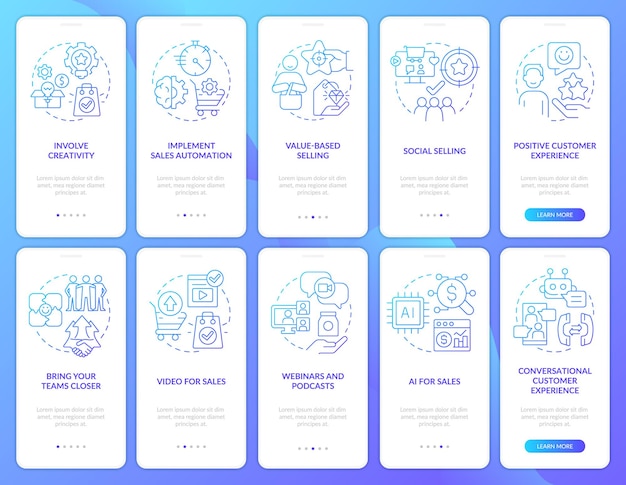 Selling trends blue gradient onboarding mobile app screen set