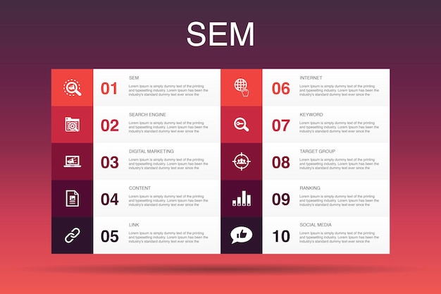 sem infographic 10 option template.search engine, digital marketing, content, internet simple icons