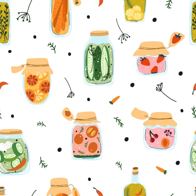 semless pattern with home made pickles, canned fruit, vegetables. glass jar with preserved food