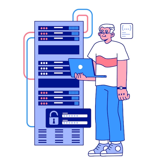 Senior developer Oldman programming and coding Developing and maintaining website and app Oldster IT specialist working in server and data processing centers Flat vector illustration