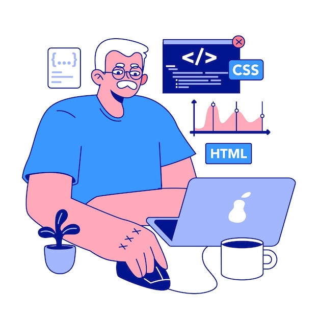 Senior developer oldman programming and coding developing and maintaining website and app oldster it