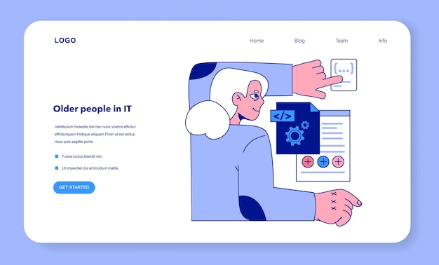 Senior developer web banner or landing page old woman programming and coding developing and