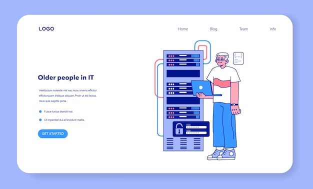 Senior developer web banner or landing page Oldman programming and coding Developing and maintaining website or app Oldster IT specialist working in data processing center Flat vector illustration