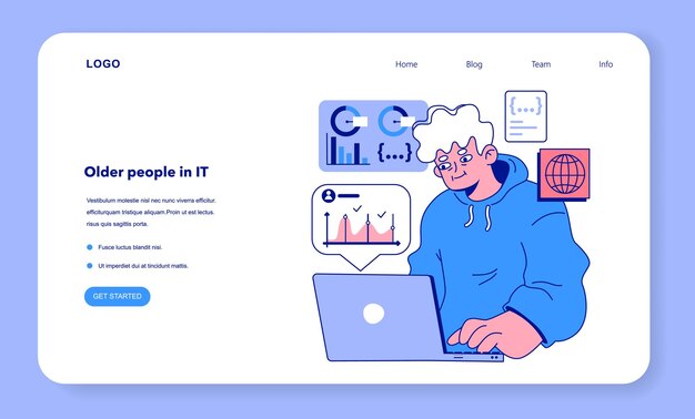 Senior developer web banner or landing page Oldman programming and coding Developing and maintaining website or app Oldster IT specialist working in data processing center Flat vector illustration