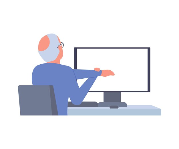 Senior man sits at table computer stretching doing exercises Elderly workout at workplace in break