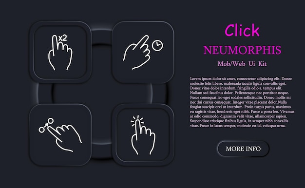 Sensor set icon Control click tap slide touch pad gestures scroll response time cursor doubleclick forefinger index finger zoom in out next return Touch screen concept Neomorphism