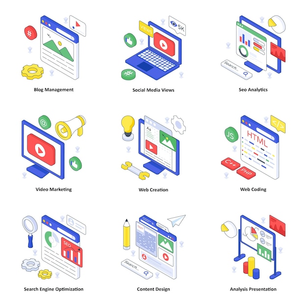 seo and web isometric illustration set 04