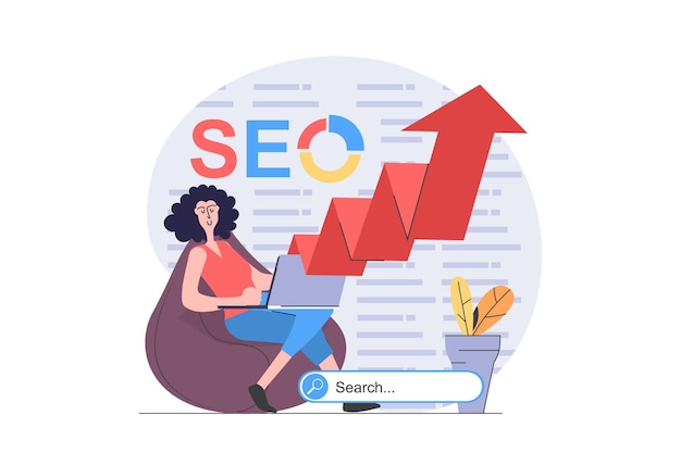 SEO optimization concept in modern flat design for web Woman analyzing search data in arrow growth graph making settings and improving page traffic for top ranking in search Vector illustration