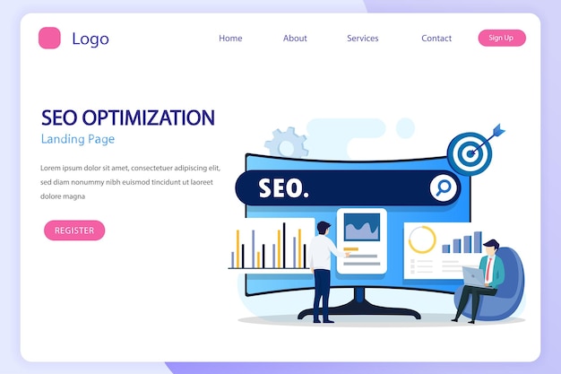 SEO optimization concept website development entrepreneur business web data analyst illustration with icons and character Flat vector template style Suitable for Web Landing Pages