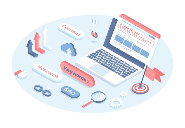 Seo optimization web concept Search engine keywords website traffic top ranking Vector illustra
