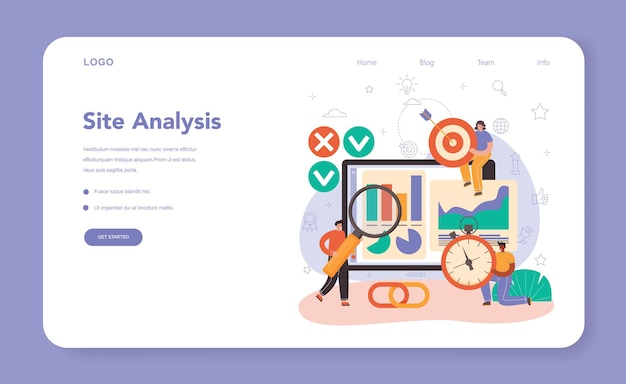 seo specialist web banner or landing page. idea of search engine optimization for website as marketing strategy. web page promotion in the internet, site audit. vector flat illustration