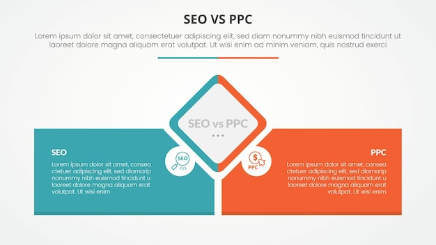 seo vs ppc advertising comparison opposite infographic concept for slide presentation with diamond shape center with rectangle box bottom with flat style
