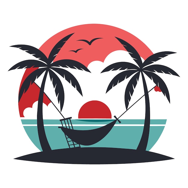 serene beach scene with a hammock between two palm trees a setting sun and gentle waves