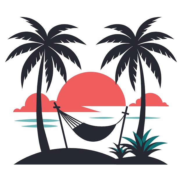 serene beach scene with a hammock between two palm trees a setting sun and gentle waves