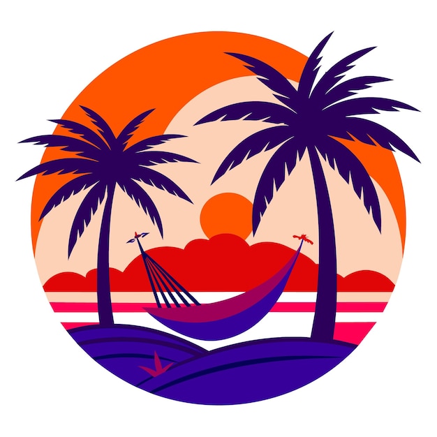 serene beach scene with a hammock between two palm trees a setting sun and gentle waves