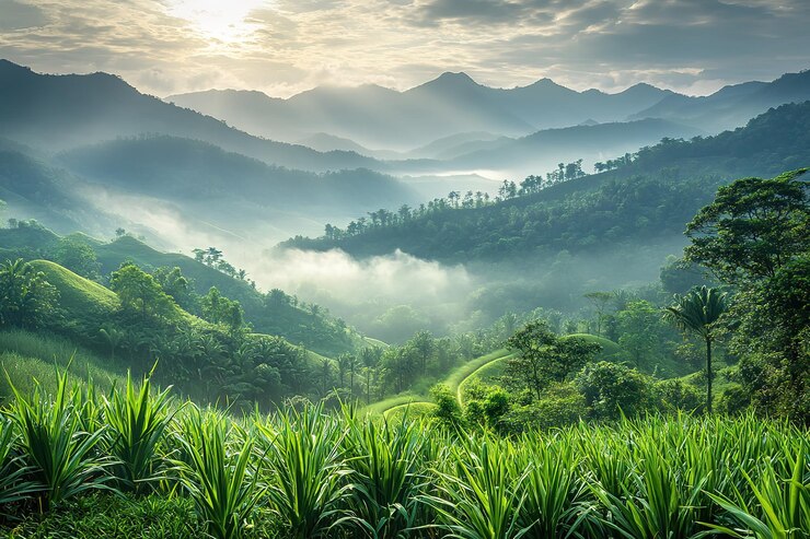 Vector serene mountain forest dawn majestic peaks tranquil woods peaceful sunrise landscape photography