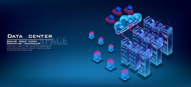 Server room isometric concept Working in cloud computing web hosting with cloud data processing and storing files and information Server processing center web hosting