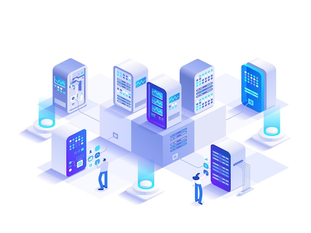 Server room racks isometric concept Engineering team works at hardware cloud database room maintenance and tech support Data center infrastructure Vector character illustration in isometry design