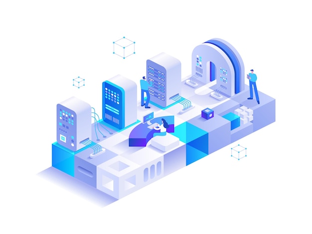 server room racks isometric concept people working on datacenter data processing cloud storage cloud storage web hosting tech support team vector character illustration in isometry design