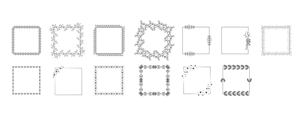 Set Black Simple Line Frame Collection Doodle Square Floral Frame Elements Vector Design Style