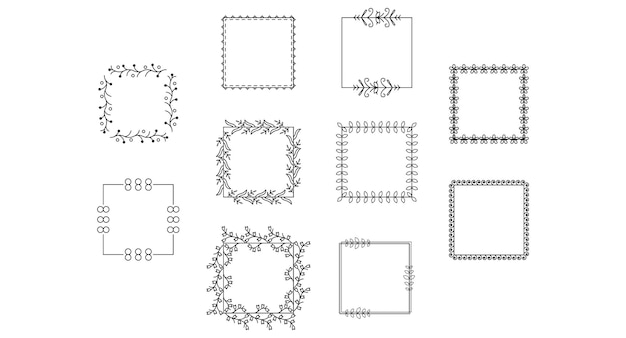Set Black Simple Line Frame Collection Doodle Square Floral Frame Elements Vector Design Style