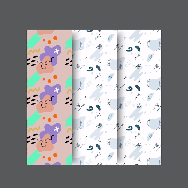 set botanic and abstract seamless pattern with exotic flowers and leaves hand drawn background col