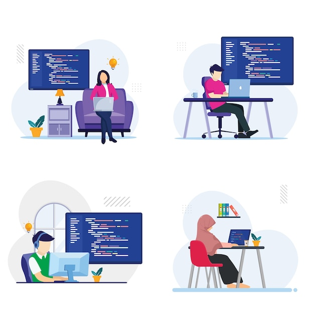 set bundle programmers at work concept flat vector template