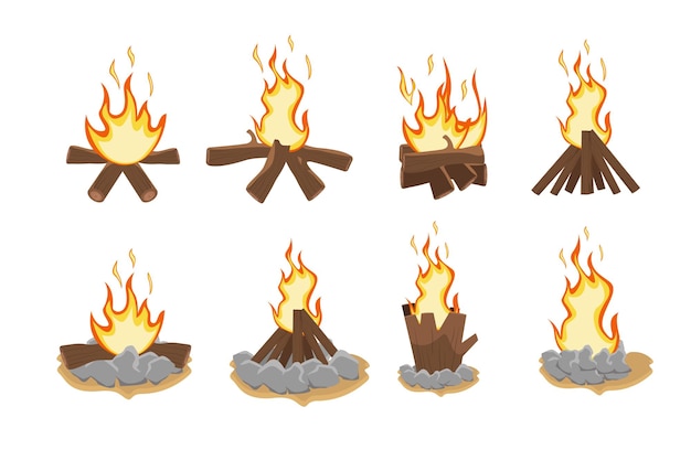 Set Burning and extinct bonfires Forest warming bonfire fireplace burning campfire cartoon