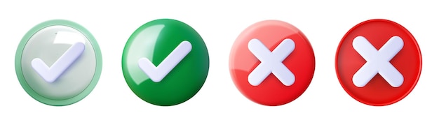 Set Check and Cross Icons in Red and Green Colors Vivid collection of 3D rendered icons featuring check marks in green and cross marks in red ideal for visualizing choices decisions and feedback
