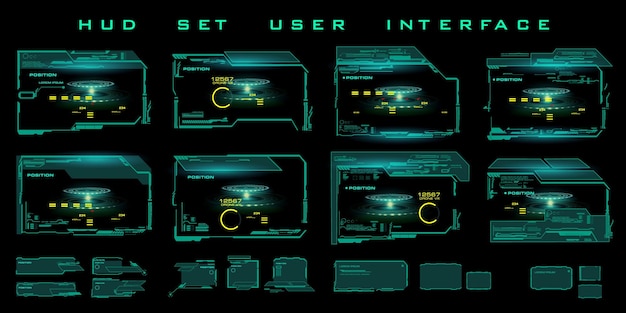 Set futuristic green neon frames and HUD interfaces Digital frame of UI UX technology Virtual user Interface for streaming games Futuristic information box layout templates