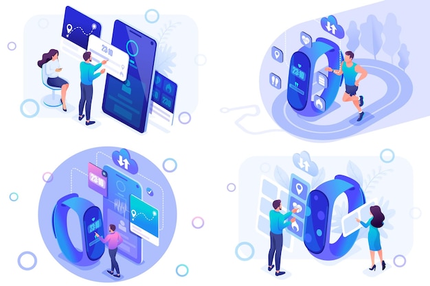 Set isometric mobile application testing concepts for smart watches fitness wristband For website