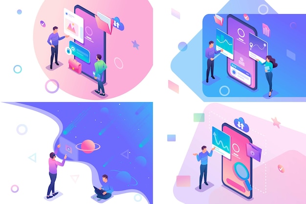 Set isometric with young teenagers working on a tablet and on a mobile phone screen For websitet
